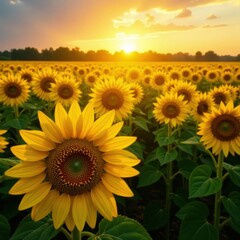 Fototapeta premium Endless rows of sunflowers facing the sun, vibrant yellow hues , crop, rows, view