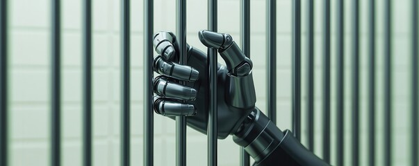 A robotic hand tightly gripping metal prison bars, symbolizing confinement or restriction involving artificial intelligence or technology.