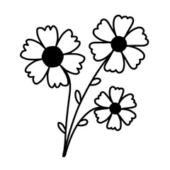 Obraz premium Hand-Drawn Black and White Flowers Line Art with Solid Centers - Rustic Floral Vector Illustration
