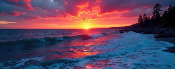 Fiery sunset paints Lake Superior's waves, sky ablaze , beautiful, amazing