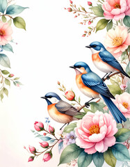 A decorative illustration featuring three colorful birds among blooming flowers.