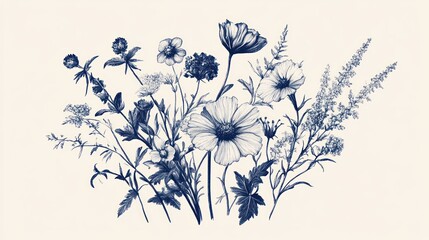 Elegant Blue Floral Botanical Illustration: A Delicate Arrangement of Wildflowers