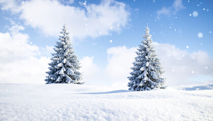 Fototapeta premium Frosted winter landscape with two snow covered pine trees under blue sky and falling snowflakes