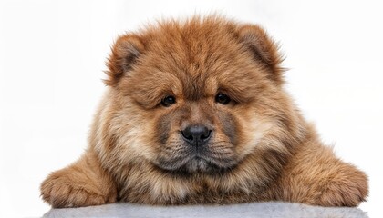 Adorable Chow Chow Puppy on White Background, Capturing the Softness and Playful Energetic Spirit of a Cuddly Companion Amidst a Clean, Minimalist Setting.