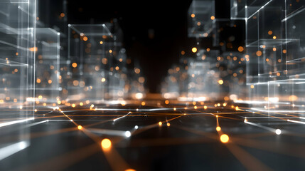 Abstract representation of a futuristic city skyline with glowing lights and geometric shapes in focus