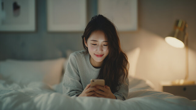beautiful Japanese woman 22 years old laying down while scrolling on her smartphone in a well-designed modern bedroom with minimal decor