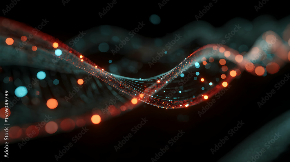 Poster abstract network data flow visualization with glowing particles connecting on a dark background