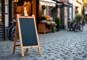 Blank blackboard sign on cobbled street