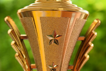 beautiful golden trophy of football contest on green tree background