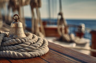 Ship bell on rope on wooden surface