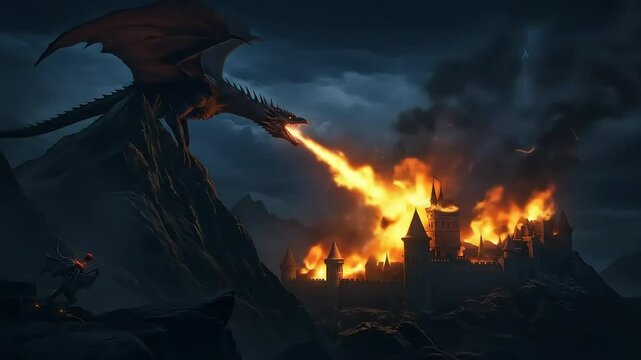 Dragon Attacking Castle at Night