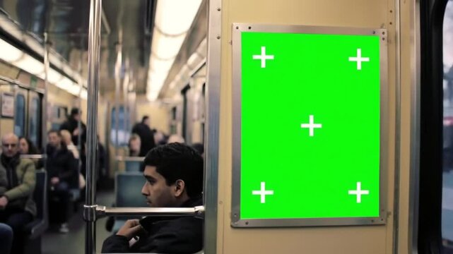 Realistic subway scene featuring a vertical green screen poster. Perfect for transportation ad mockups, commercial campaigns, and digital poster simulations.