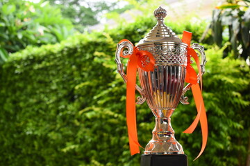 beautiful golden trophy with orange ribbon on green tree background