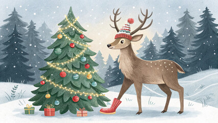christmas deer with christmas tree
