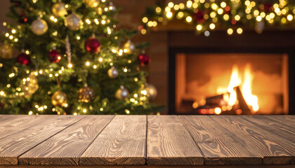 Rustic wood surface with sparkling decorated tree and warm fire ambiance