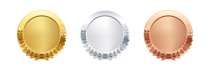 Gold, silver, bronze circle medals. Metal coins. First, second, third place award frames isolated on white background. Winners trophy. Blank shiny badge, label. Realistic vector illustration.