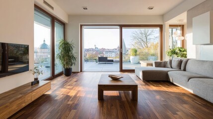 Obraz premium Modern living room with wooden floors and neutral walls, showcasing minimalist design and open space. 