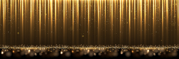 Golden silk fabric luxury background. Gold vertical draped satin cloth texture curtain on glitter confetti floor. Smooth shiny drape material curtain. Realistic modern vector banner.