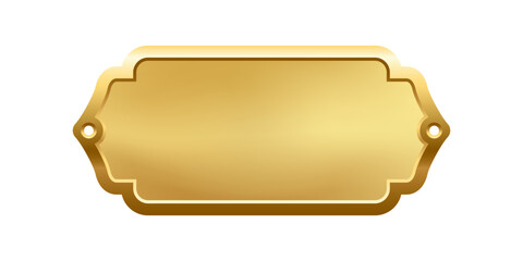 Blank golden nameplate plaque with decorative edges and screw holes. Empty metallic label for engraving, signage, awards, door signs. Realistic vector illustration.