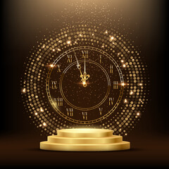 Happy New Year greeting card vector background. Gold clock face with midnight time, falling confetti, glow light effects and golden podium on black. Luxury festive square greeting card, poster.