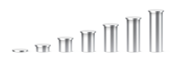 Silver metallic cylindrical podiums in ascending height. Minimalist 3D columns for ranking, data visualization, infographics, or product display. Realistic vector illustration.