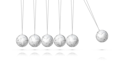 Newton cradle with balancing pendulum of hanging marble balls. Classic physics demonstration of momentum and energy transfer. 3d realistic vector illustration.