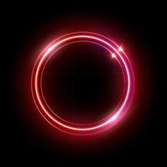 Neon red round frame. Abstract colorful glow light circle. Laser bright round shape. Futuristic illuminated button. Geometric graphic vector illustration isolated on black background.