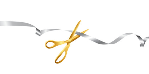 Grand opening ceremony. Golden scissors cutting silver ribbon isolated on white background. Luxury event announcement, stage celebration, or business launch. Realistic vector illustration.