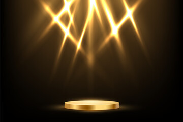 Golden stage podium with glowing spotlights. Sparkling golden starburst lights on dark background illuminating round pedestal. Award ceremony, party, show scene. Abstract vector illustration.