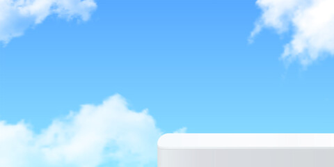 White minimal podium with rounded edges isolated on bright blue sky and soft clouds. Clean display pedestal for product presentation or advertisement. Abstract vector illustration.