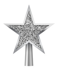 Christmas silver tree topper. Realistic 3D silver star decoration in deco style. Decorative traditional top of Xmas pine tree in winter season isolated on white. Vector illustration.