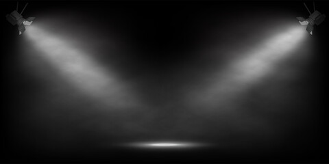 Spotlights on black stage. Two white lights shining from corners on dark stage. Abstract vector illustration for product display, award ceremony, presentation.