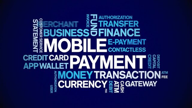 Mobile Payment animated word cloud;text design animation tag kinetic typography seamless loop.