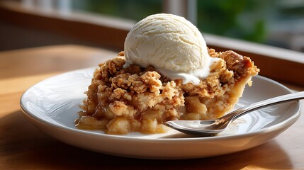 Warm Apple Crumble Pie Topped with Vanilla Ice Cream
