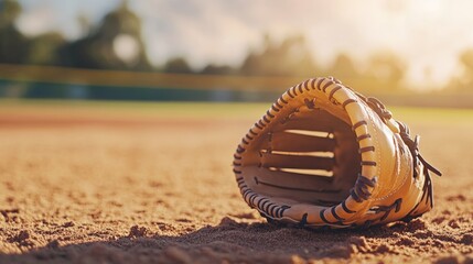 A baseball glove with a focus on the palm and stitching, placed on a field with the pitcher's mound and bases in the background, Outdoor setting with late afternoon sunlight