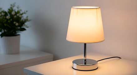 A small LED table lamp with soft fabric shade on white
