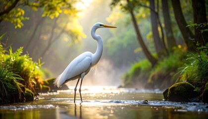 Fototapeta premium Egret Standing in Shallow Stream