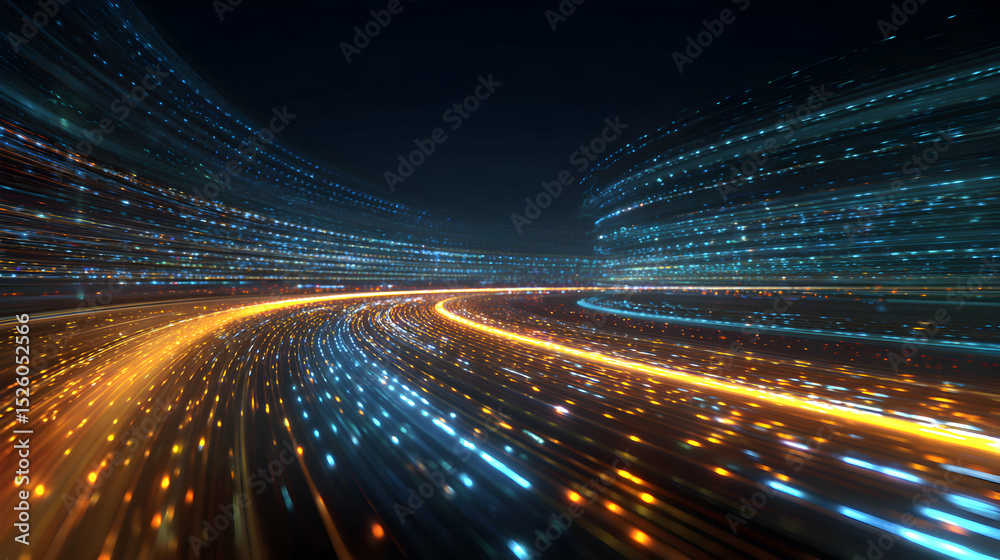 Poster futuristic data stream with glowing light trails and bokeh effect for network visualization backgrou