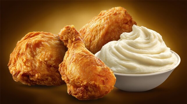Crispy fried chicken pieces with creamy mashed potatoes.