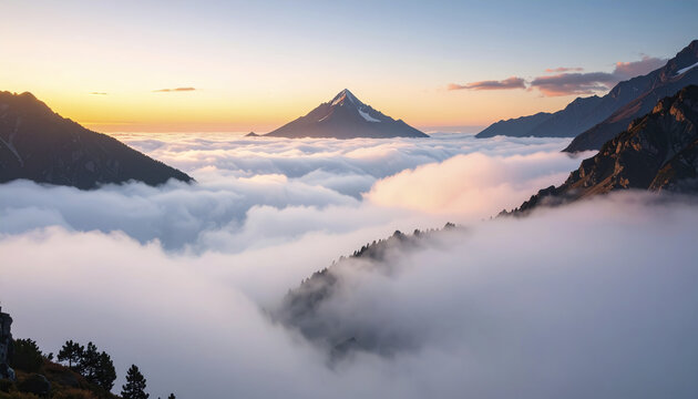 Majestic distant peak above cloudline with warm early light, creating serene atmosphere