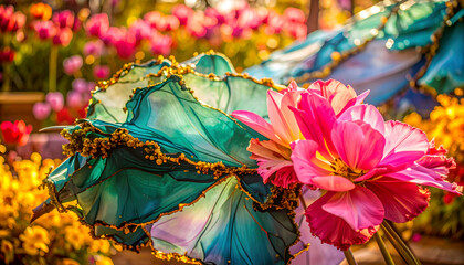 Colorful flowers and decorative umbrellas in a vibrant garden setting.