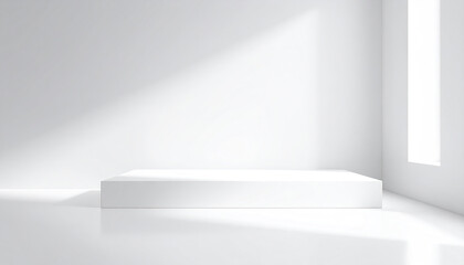 minimalist white room with glossy floor and simple platform casting soft shadows