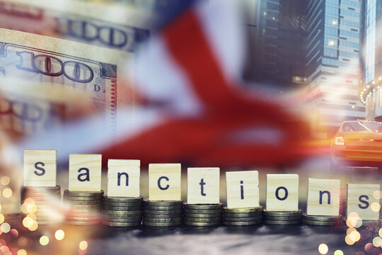 Economic sanctions against Russia because of Ukraine. Stacked coins on table. Multiple exposure city, dollar bills, judge hammer.