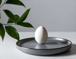 A single egg on a matte grey ceramic plate
