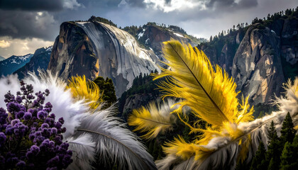 A stunning landscape featuring dramatic mountains and vibrant feathers.