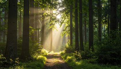 Fototapeta premium Morning light flooding through deep green woods creates tranquil atmosphere