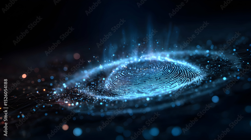Poster abstract digital fingerprint with glowing particles representing security and identification scannin