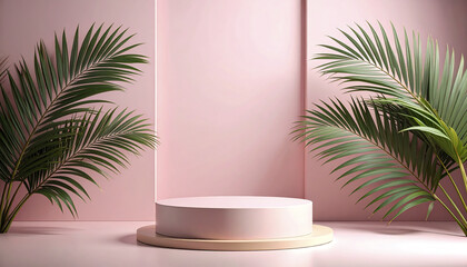 Obraz premium Muted pink backdrop with real palm leaves framing low stand, creating serene atmosphere