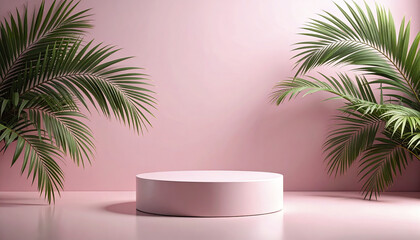 Obraz premium Muted pink backdrop with real palm leaves framing low stand, creating serene atmosphere