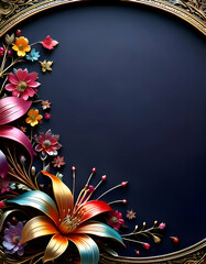 A decorative frame featuring vibrant flowers and intricate designs on a dark background.